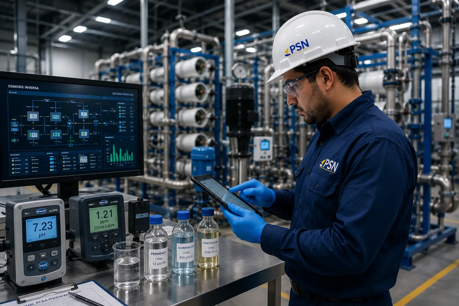 Ingeniero revisando parámetros de una planta de tratamiento de agua