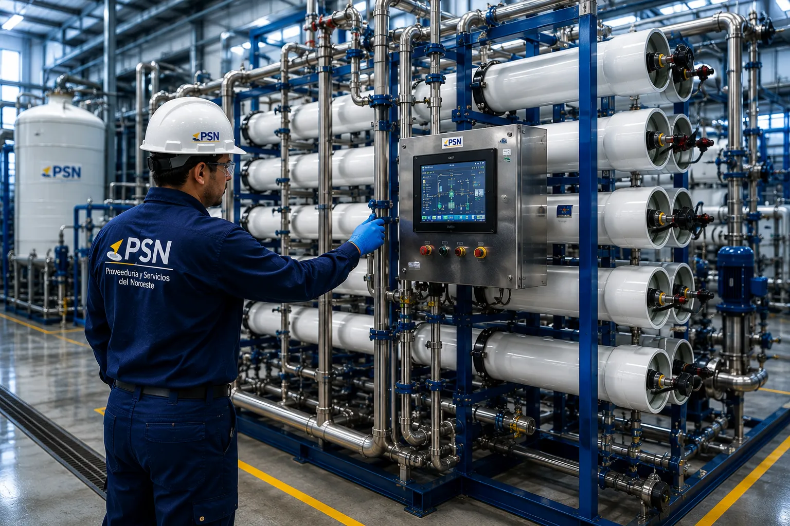 Sistema industrial de ósmosis inversa con membranas y tubería de acero inoxidable