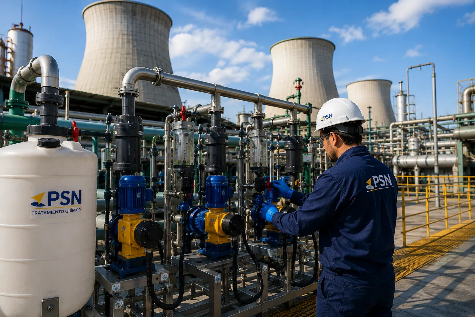 Técnico operando un sistema de tratamiento químico de agua
